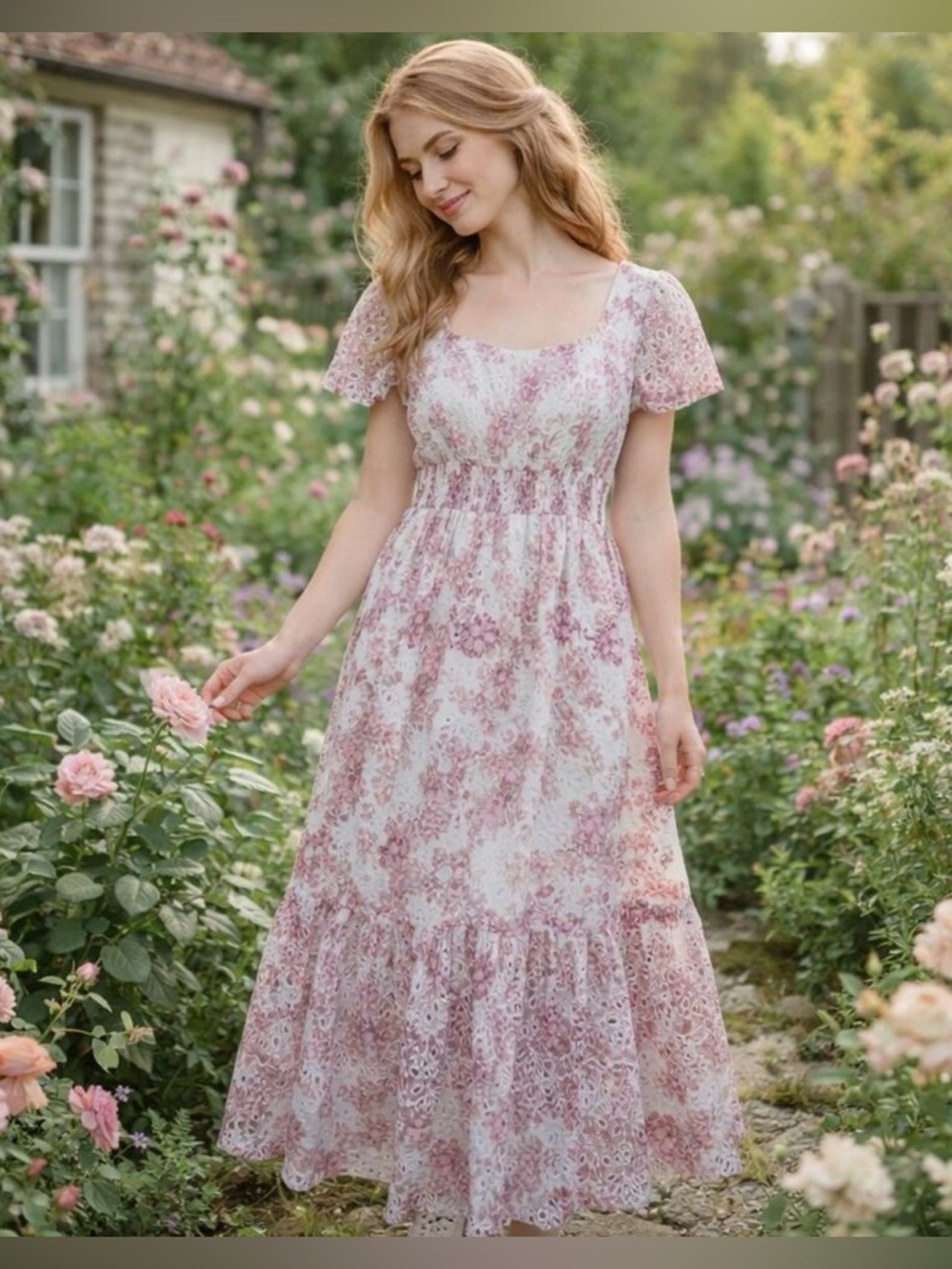 Solitaire Romantic Pastel Cream Floral Embroidered Eyelet Tiered Maxi Dress